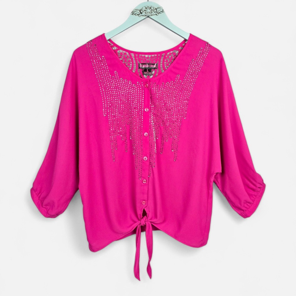 Rock & Roll Cowgirl Pink Tie-Front Lace Back Blouse‎ Women's Size Large Mint!